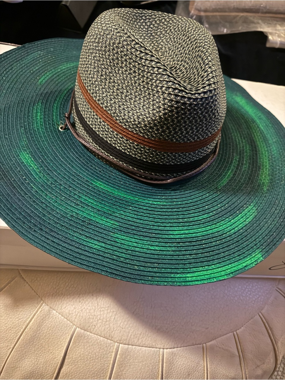 San Diego hand painted Wide-Brim Straw Fedora Hat - Green with Brown Trim